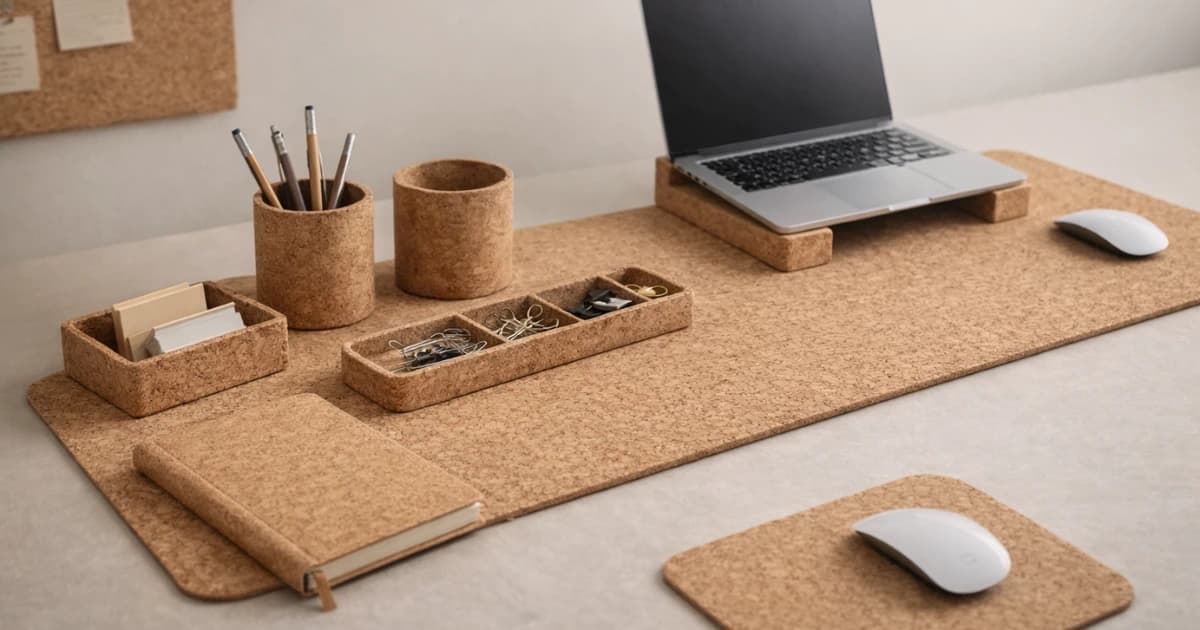 Cork desk accessories and workspace setup